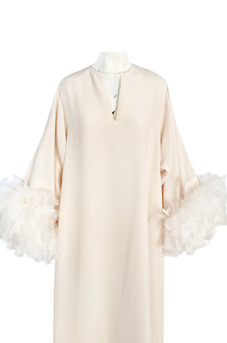 1960s Odette Barsa Loose & Easy Fitting Ivory Silk Caftan w Wide White Feather Cuffs
