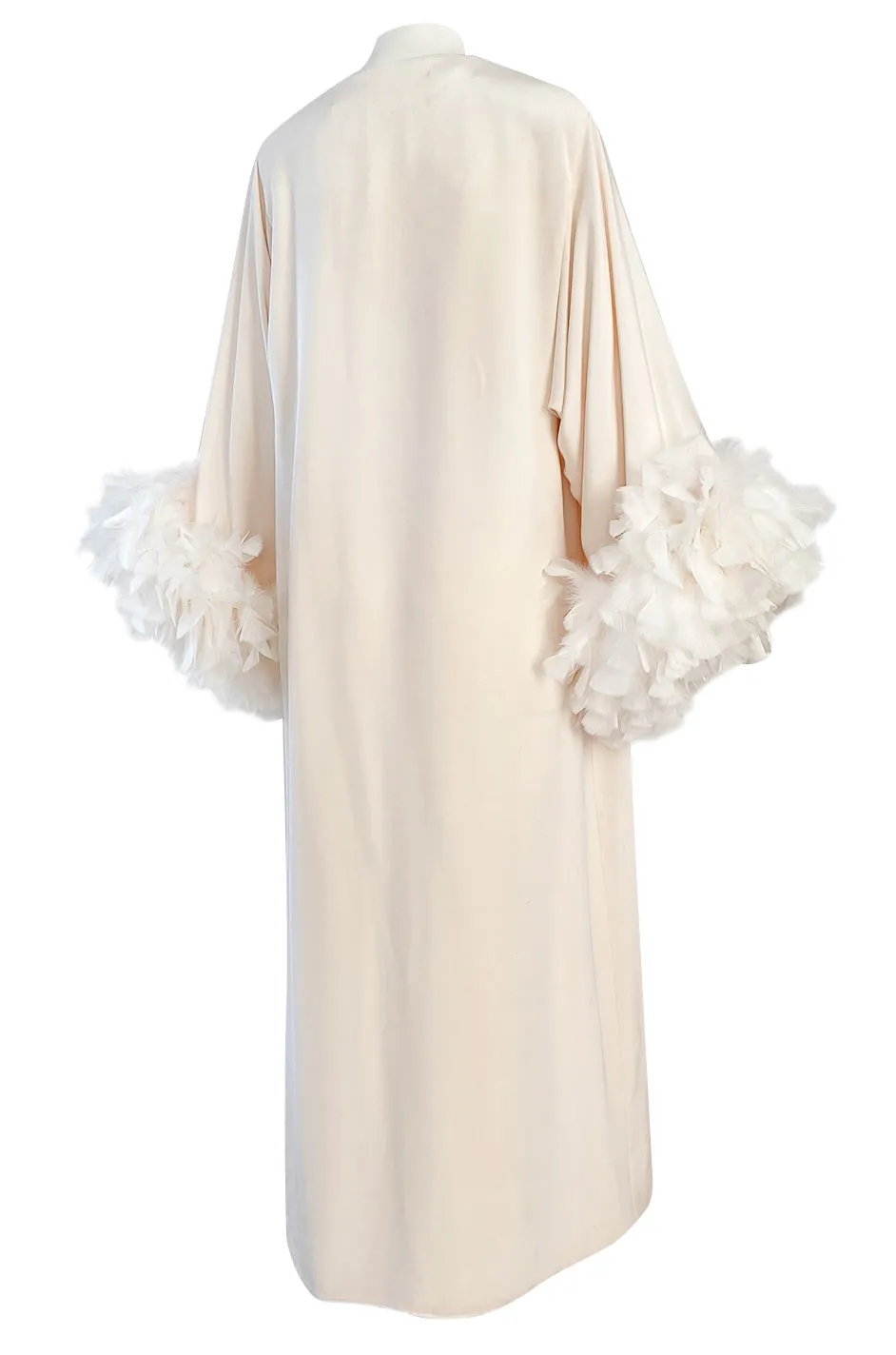 1960s Odette Barsa Loose & Easy Fitting Ivory Silk Caftan w Wide White Feather Cuffs