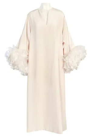 1960s Odette Barsa Loose & Easy Fitting Ivory Silk Caftan w Wide White Feather Cuffs