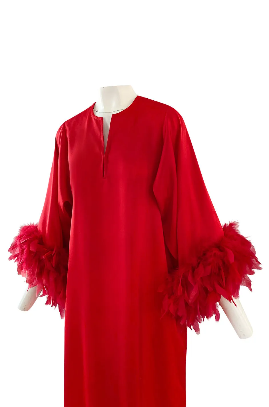 1960s Odette Barsa Loose & Easy Fitting Red Caftan w Wide Red Feather Cuffs