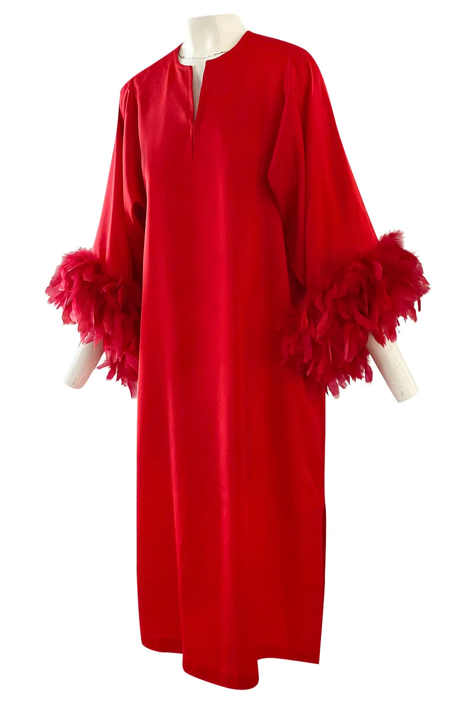 1960s Odette Barsa Loose & Easy Fitting Red Caftan w Wide Red Feather Cuffs