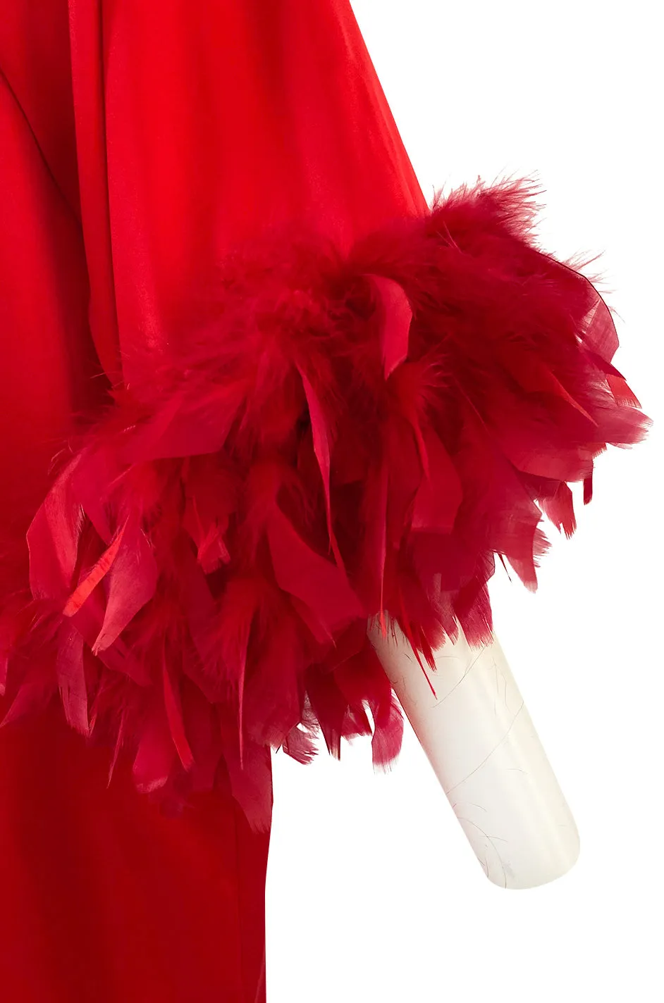 1960s Odette Barsa Loose & Easy Fitting Red Caftan w Wide Red Feather Cuffs