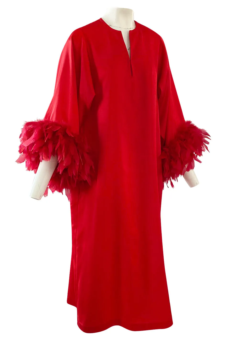 1960s Odette Barsa Loose & Easy Fitting Red Caftan w Wide Red Feather Cuffs