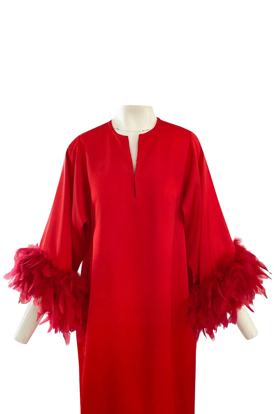 1960s Odette Barsa Loose & Easy Fitting Red Caftan w Wide Red Feather Cuffs