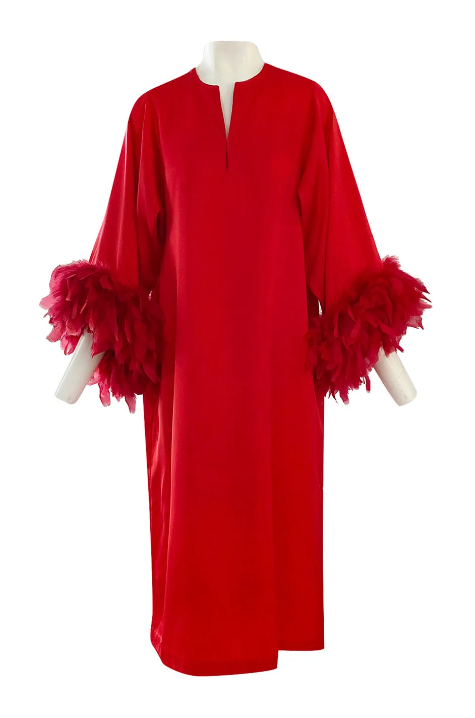 1960s Odette Barsa Loose & Easy Fitting Red Caftan w Wide Red Feather Cuffs
