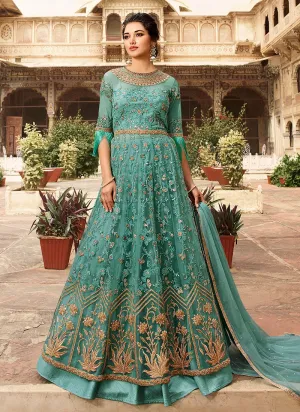 Aqua Blue Overall Embellished Lehenga/Pant Suit