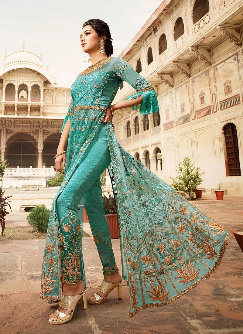 Aqua Blue Overall Embellished Lehenga/Pant Suit