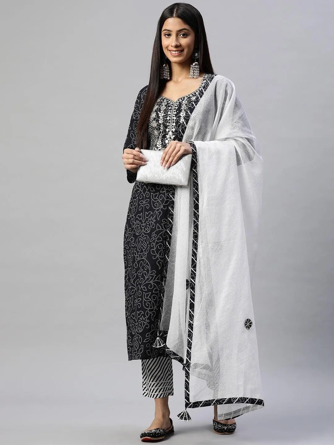 Black And White Cotton Kurta Pant Set With Dupatta