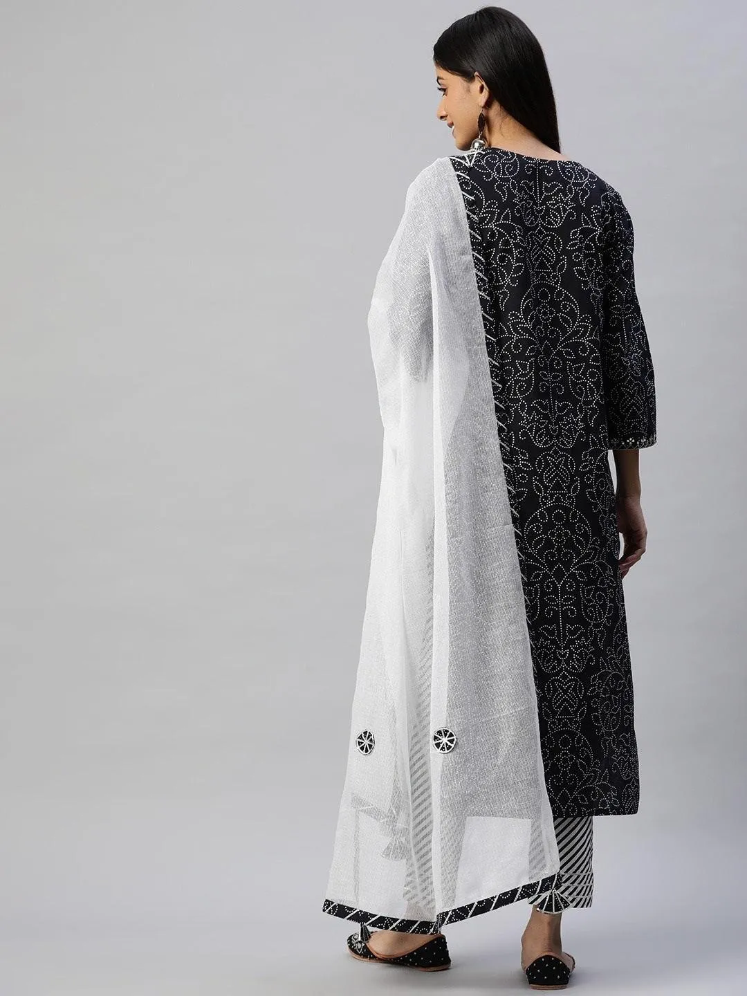 Black And White Cotton Kurta Pant Set With Dupatta