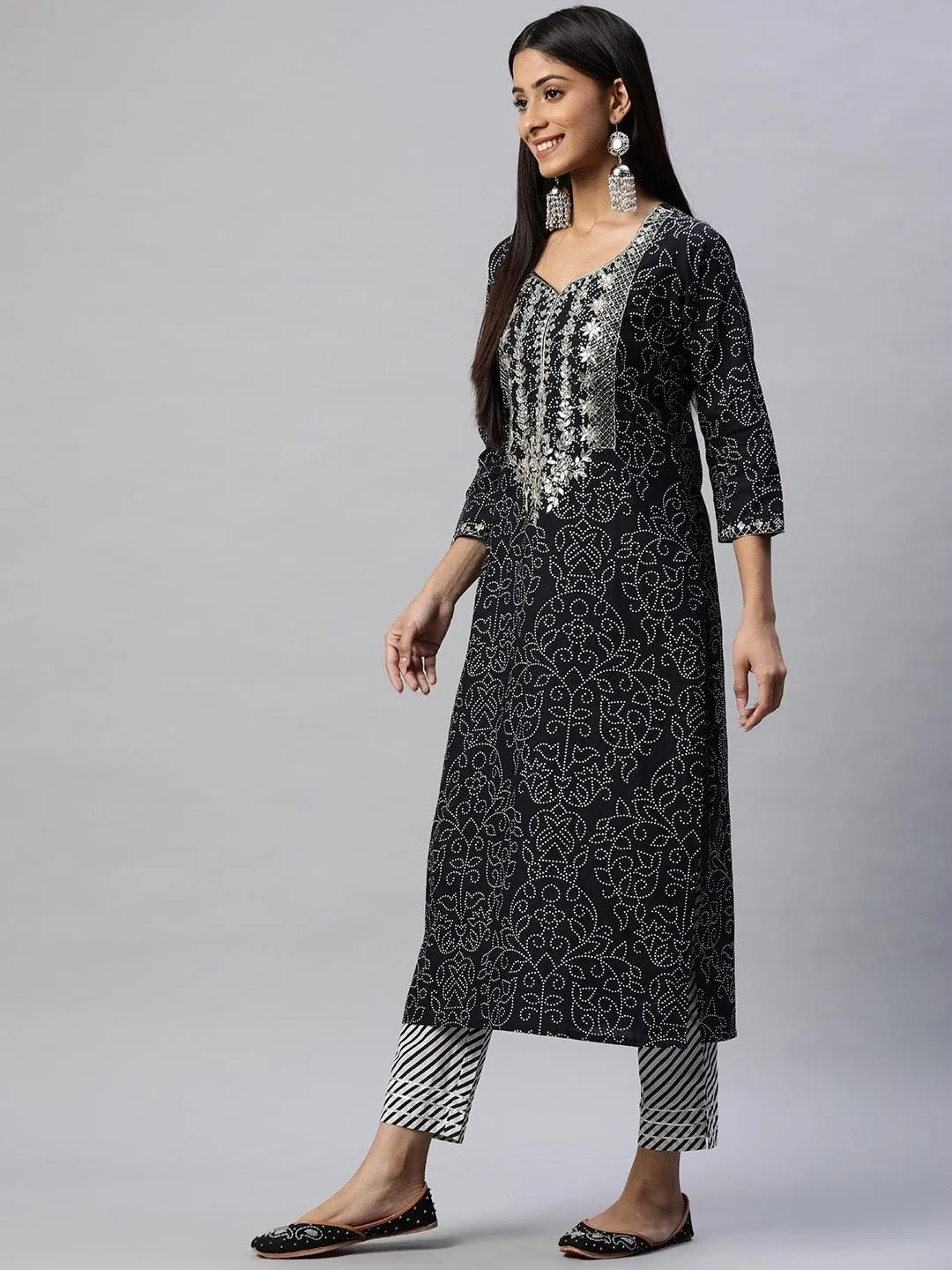 Black And White Cotton Kurta Pant Set With Dupatta
