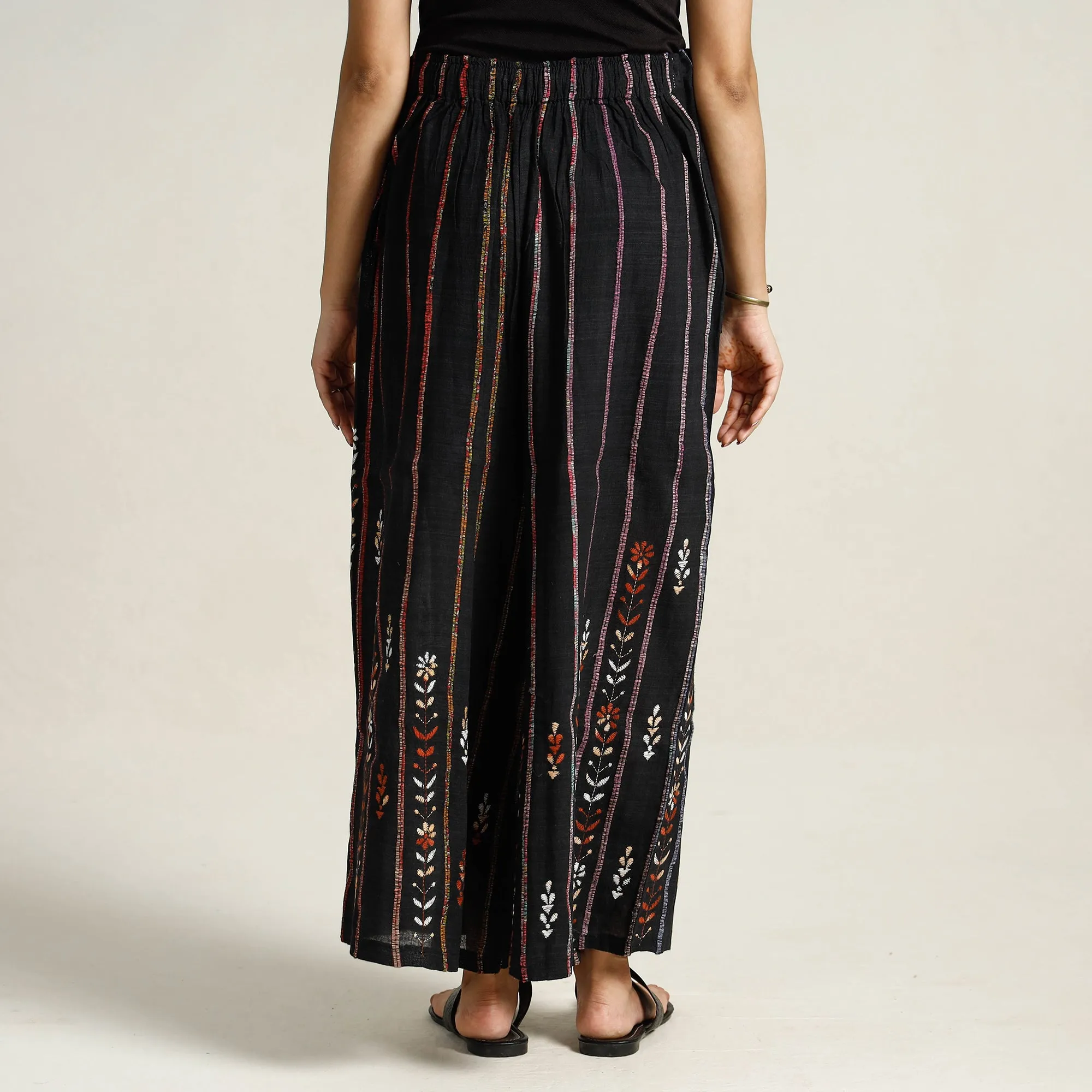 Black - Bengal Khesh Weaving Kantha Embroidery Cotton Palazzo 07
