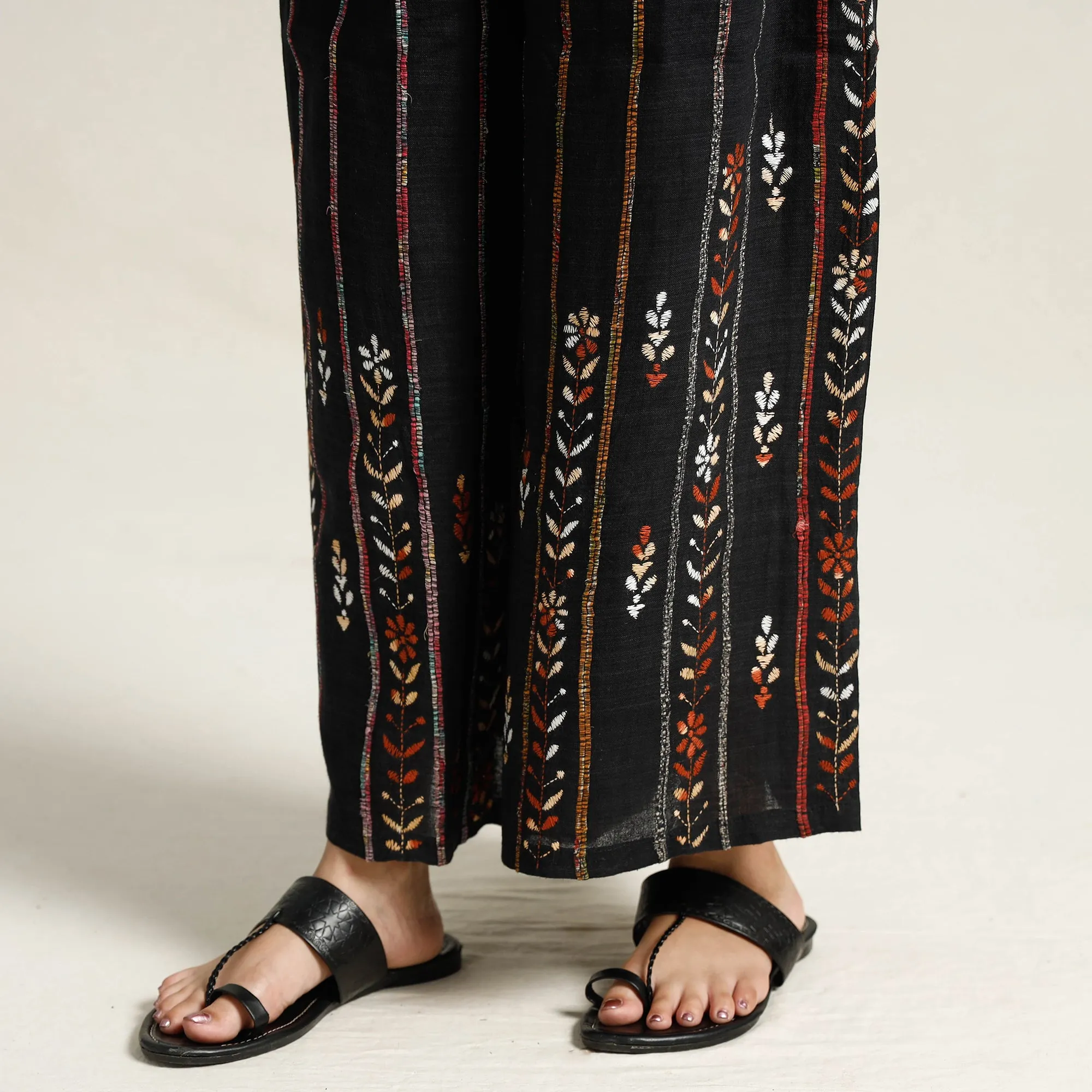 Black - Bengal Khesh Weaving Kantha Embroidery Cotton Palazzo 07
