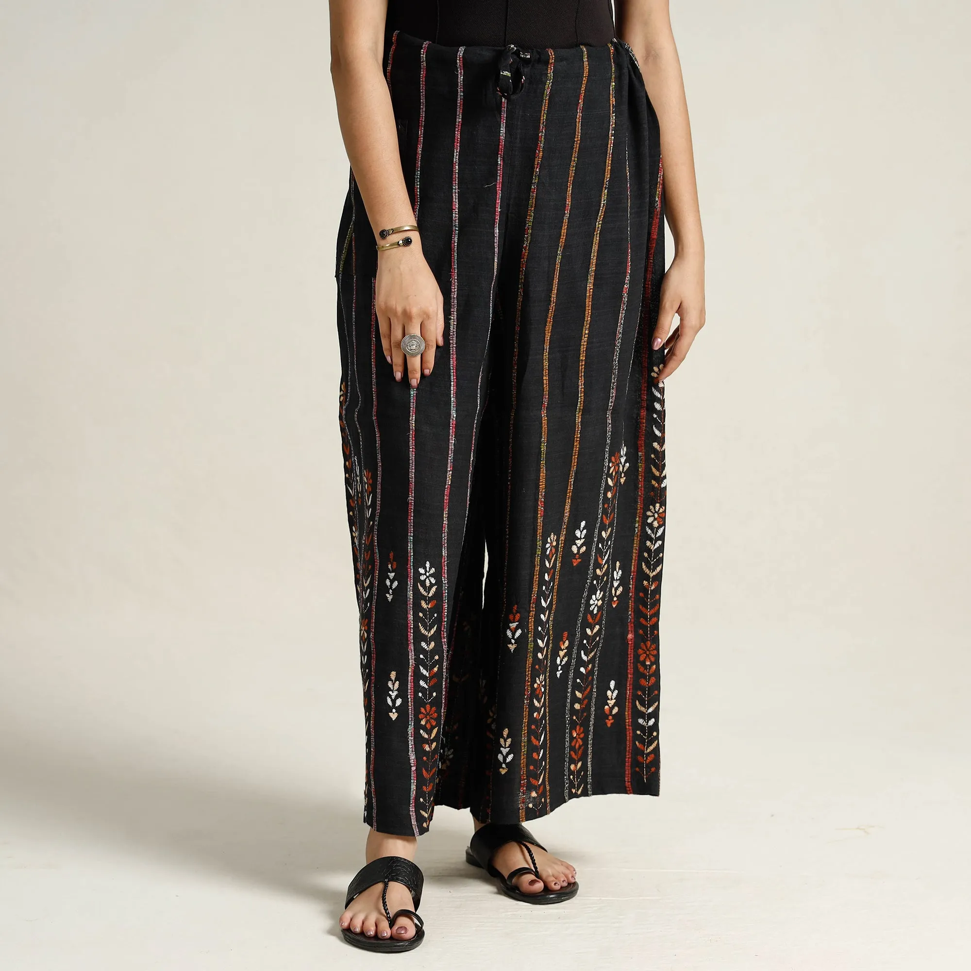 Black - Bengal Khesh Weaving Kantha Embroidery Cotton Palazzo 07
