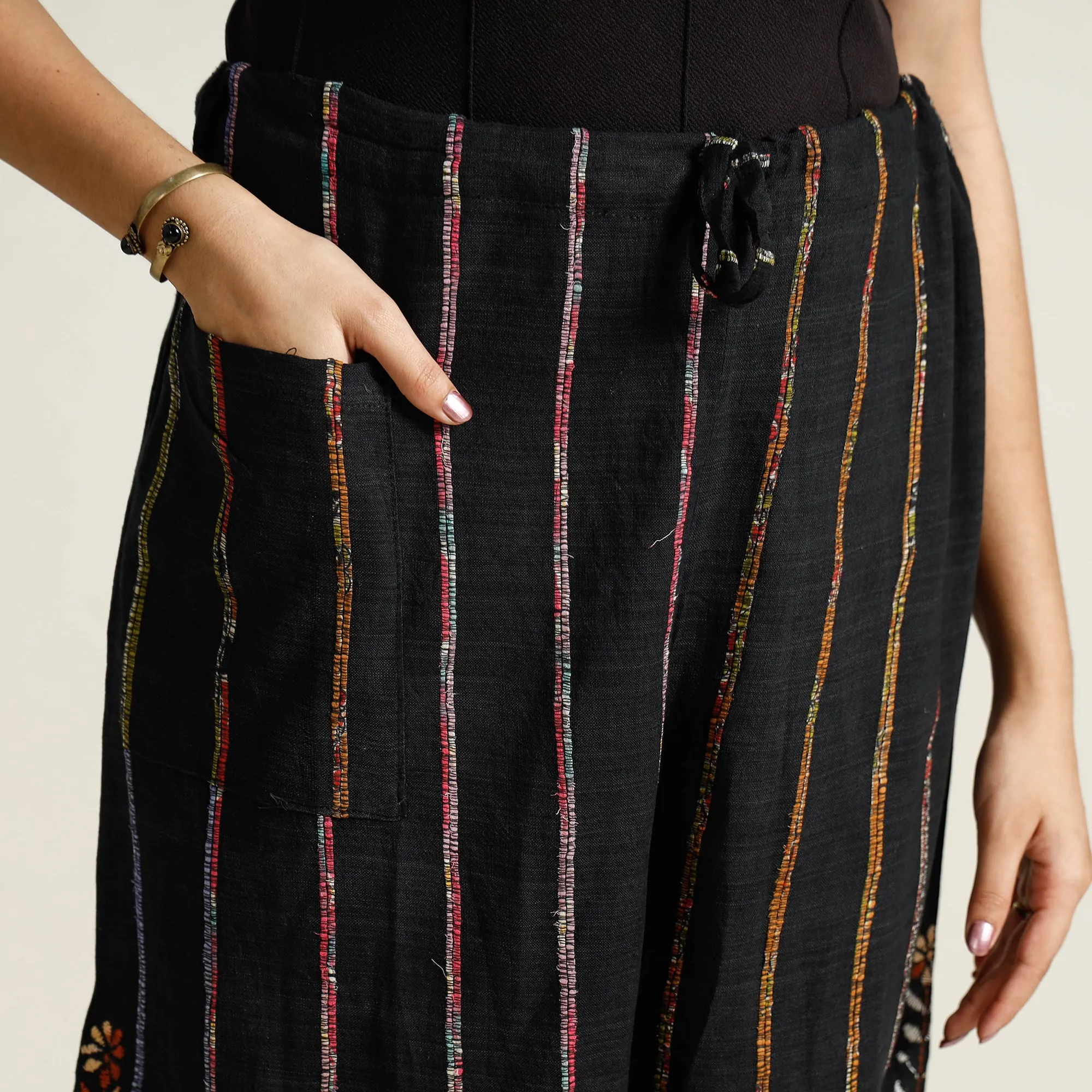 Black - Bengal Khesh Weaving Kantha Embroidery Cotton Palazzo 07