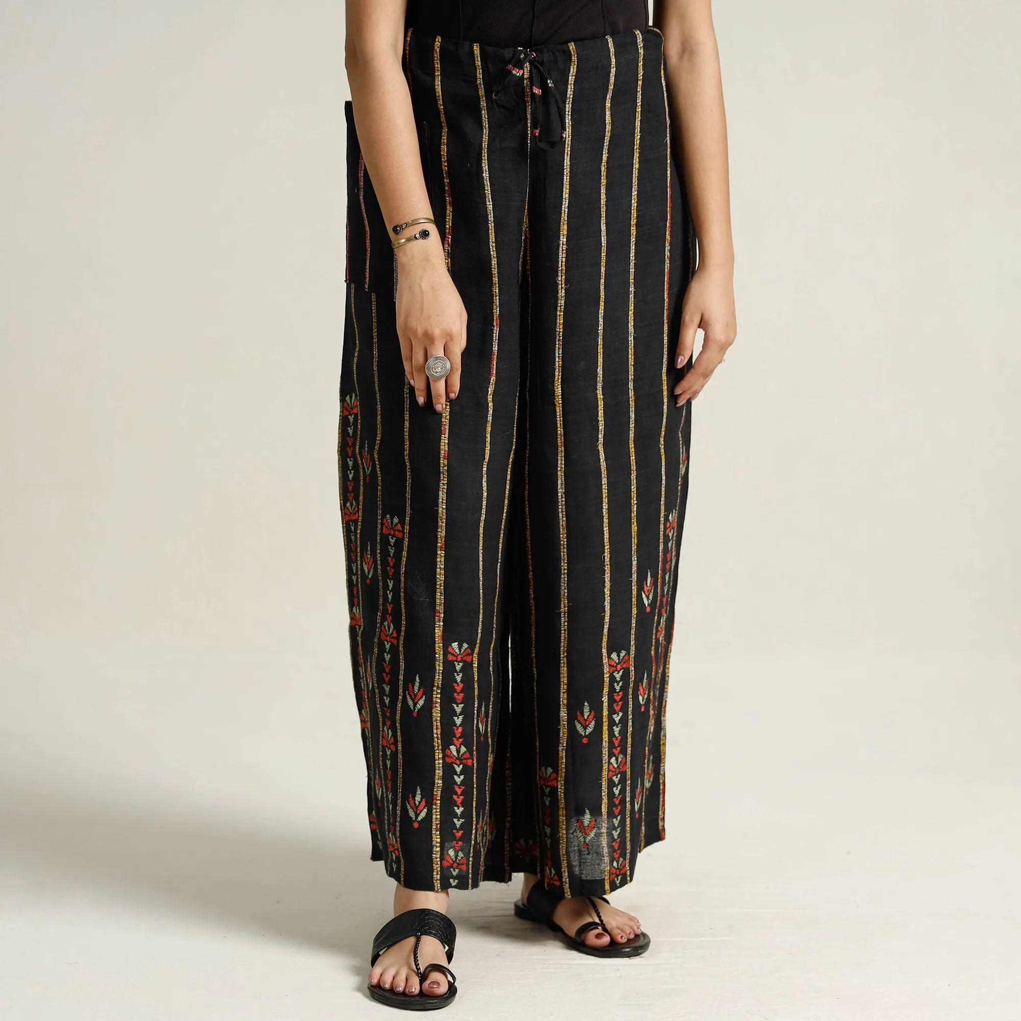 Black - Bengal Khesh Weaving Kantha Embroidery Cotton Palazzo 20