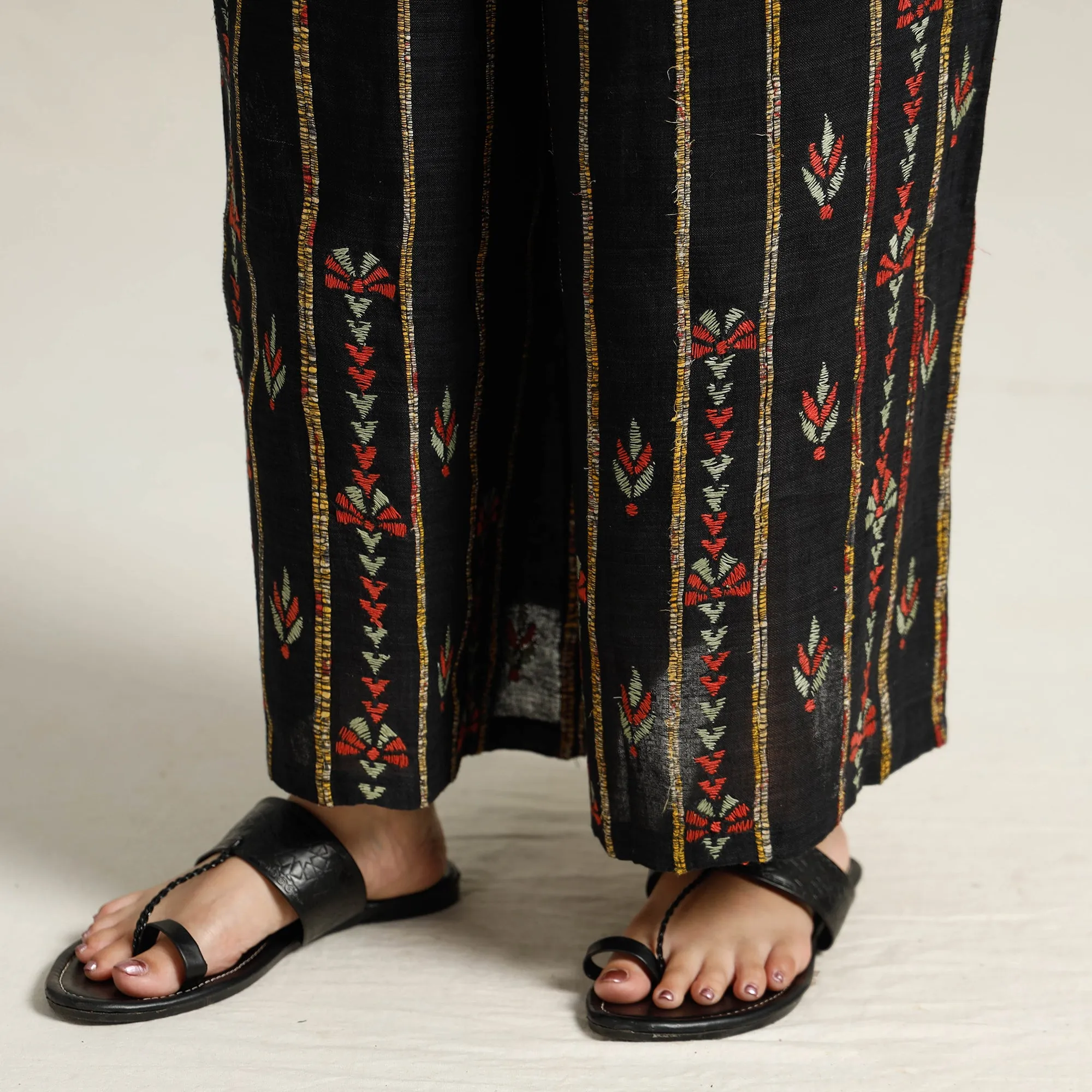 Black - Bengal Khesh Weaving Kantha Embroidery Cotton Palazzo 20