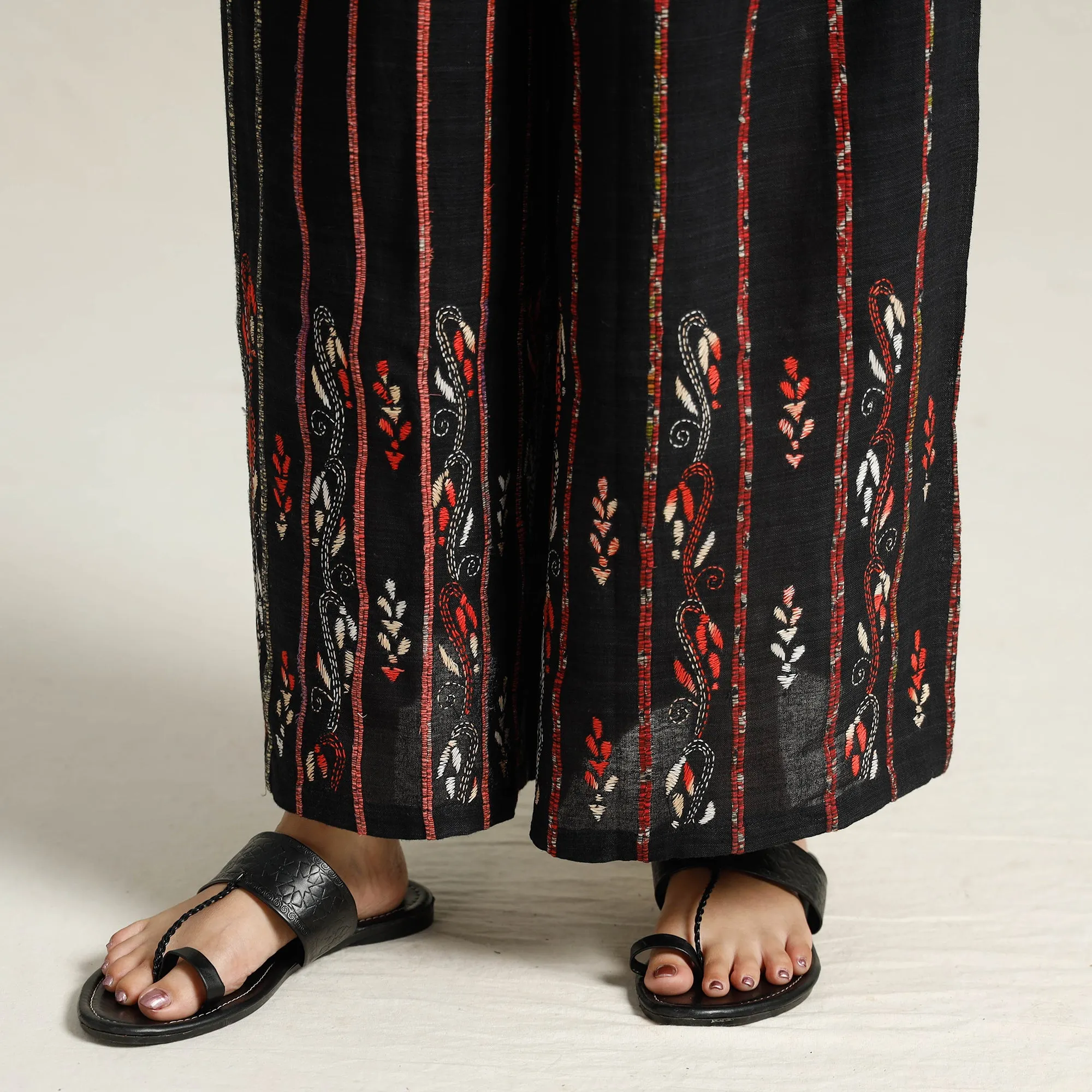 Black - Bengal Khesh Weaving Kantha Embroidery Cotton Palazzo 23