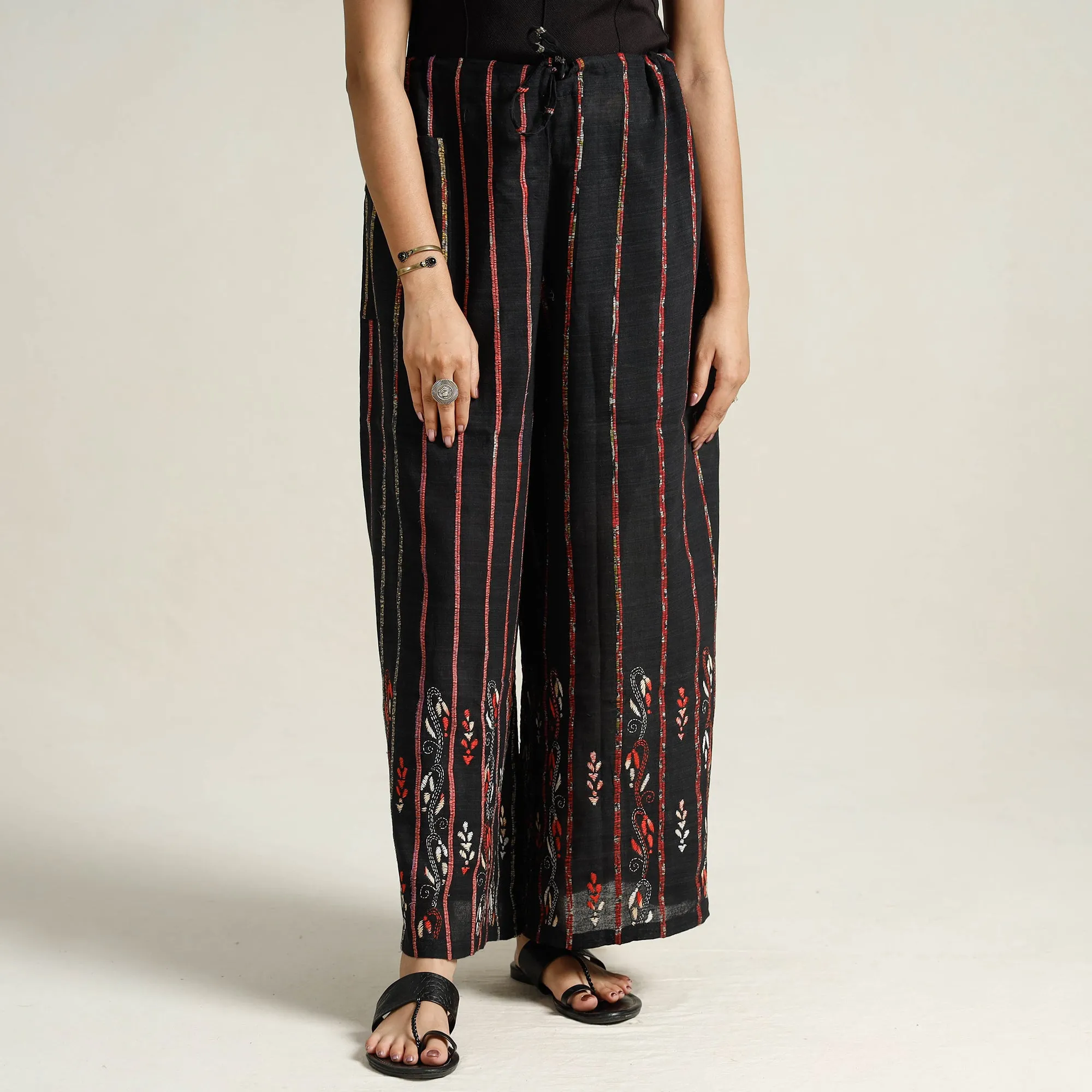 Black - Bengal Khesh Weaving Kantha Embroidery Cotton Palazzo 23