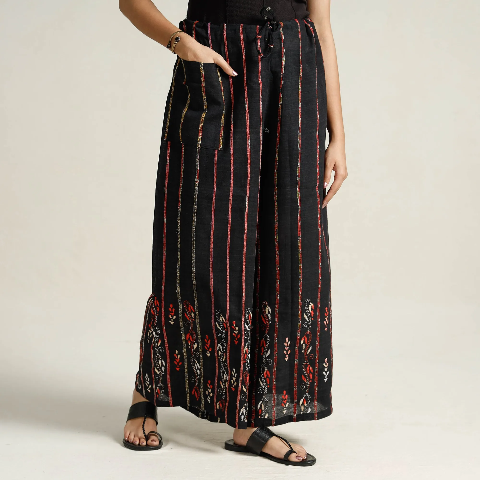 Black - Bengal Khesh Weaving Kantha Embroidery Cotton Palazzo 23