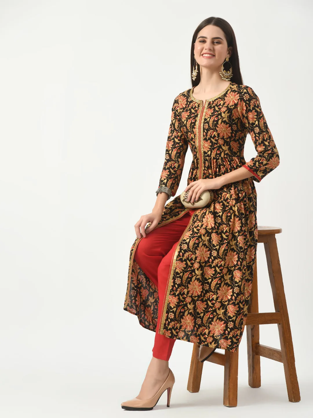 Black Floral Printed Flared Kurta With Pant