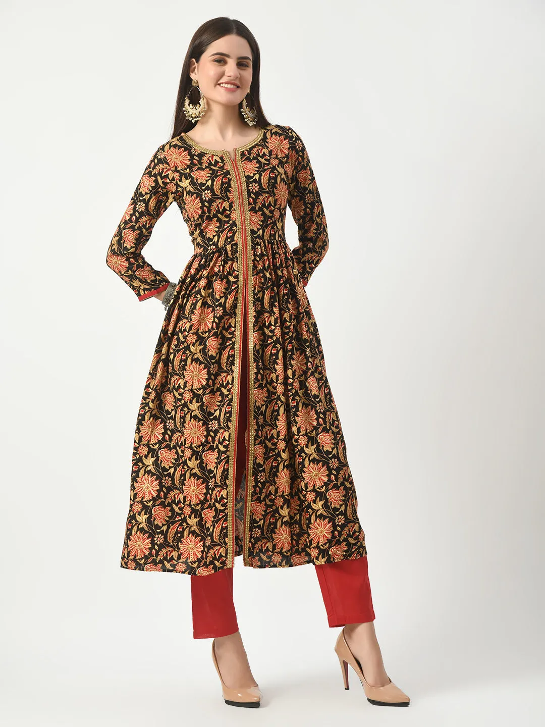 Black Floral Printed Flared Kurta With Pant