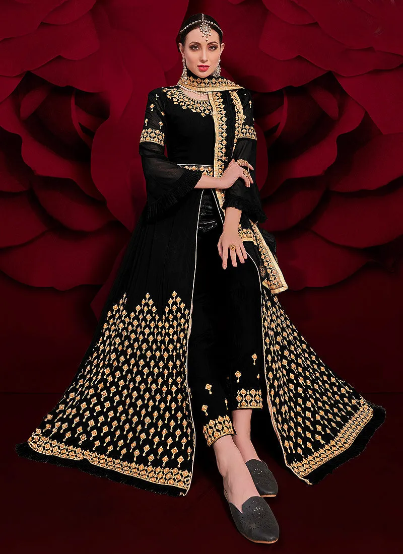 Black Golden Embroidered Slit Style Anarkali Pant Suit