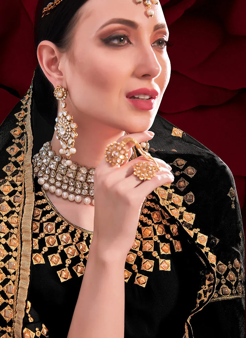 Black Golden Embroidered Slit Style Anarkali Pant Suit
