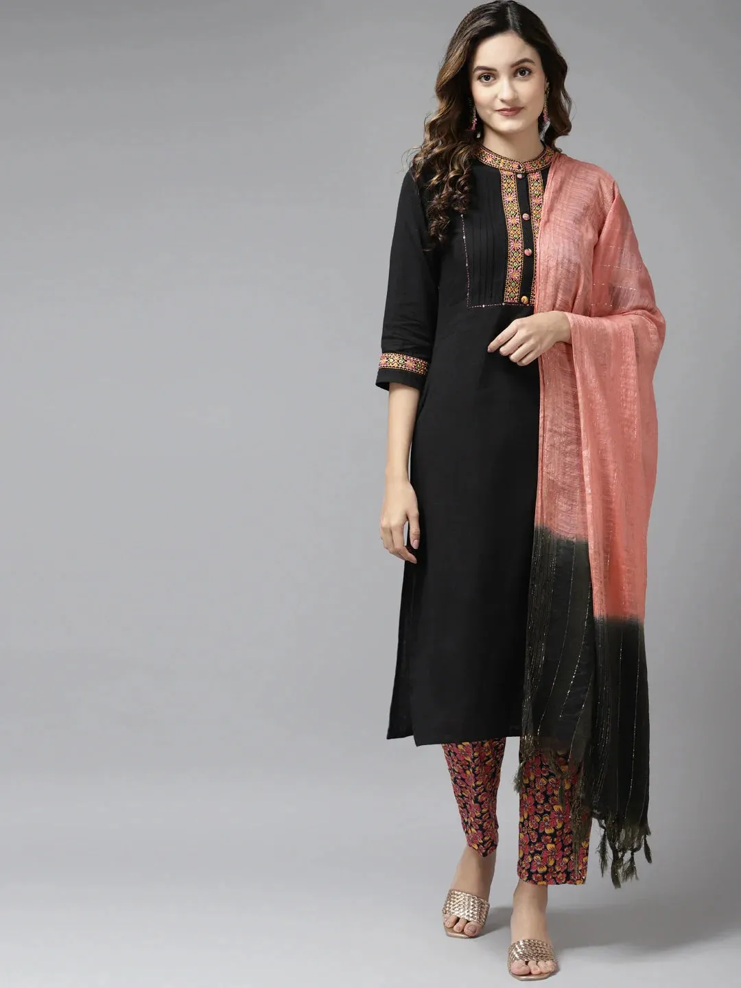 Black Kantha Work Dupatta Set