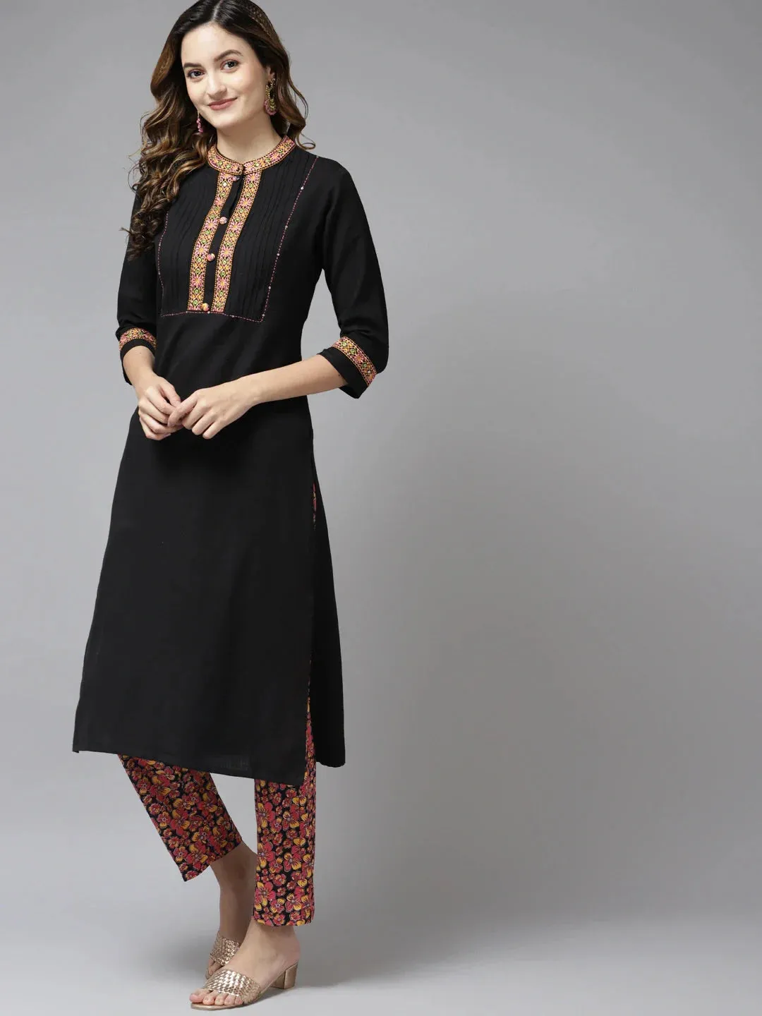 Black Kantha Work Dupatta Set