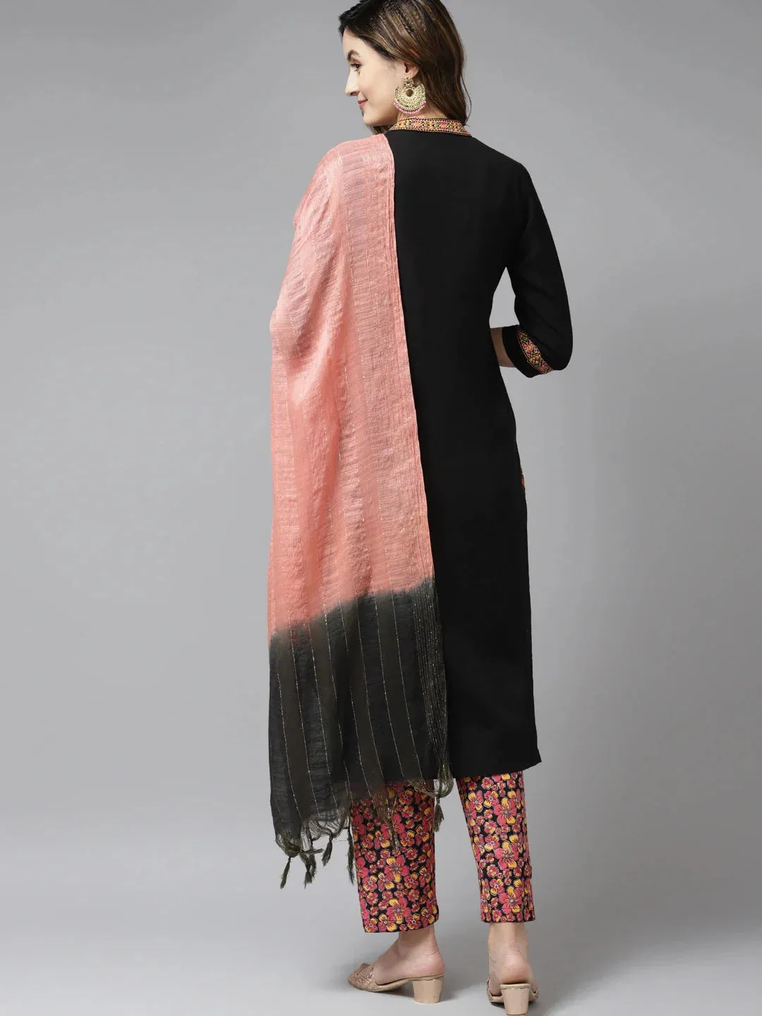 Black Kantha Work Dupatta Set