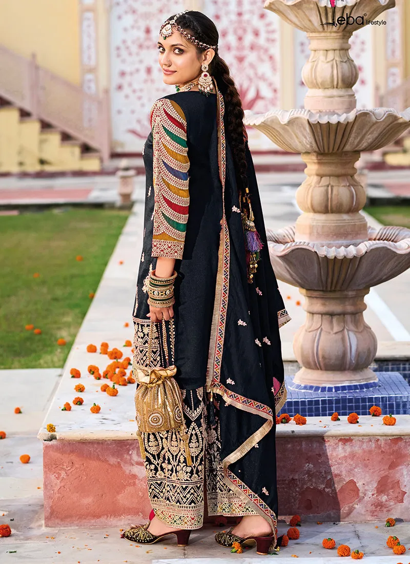 Black Multi Embroidery Traditional Pant Style Suit