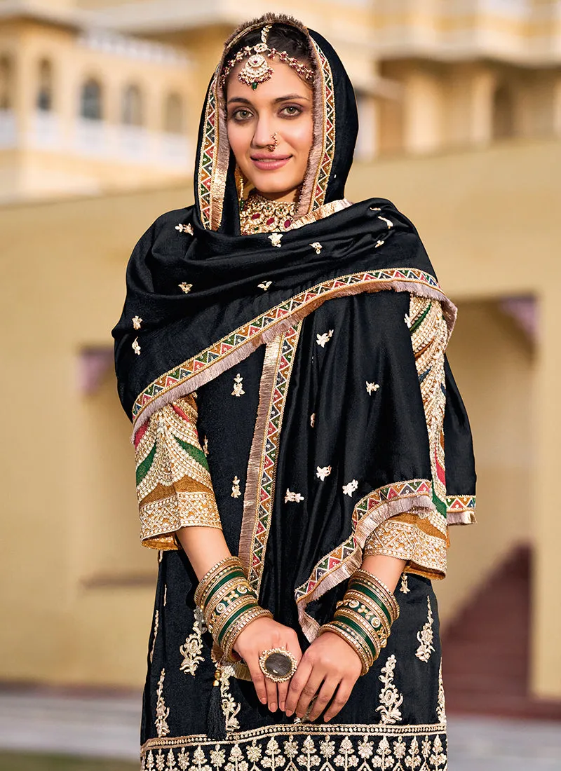 Black Multi Embroidery Traditional Pant Style Suit