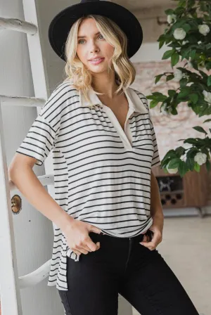 Blouse - Collared V-neck, Stripe, Off White/Black, Also Plus Size