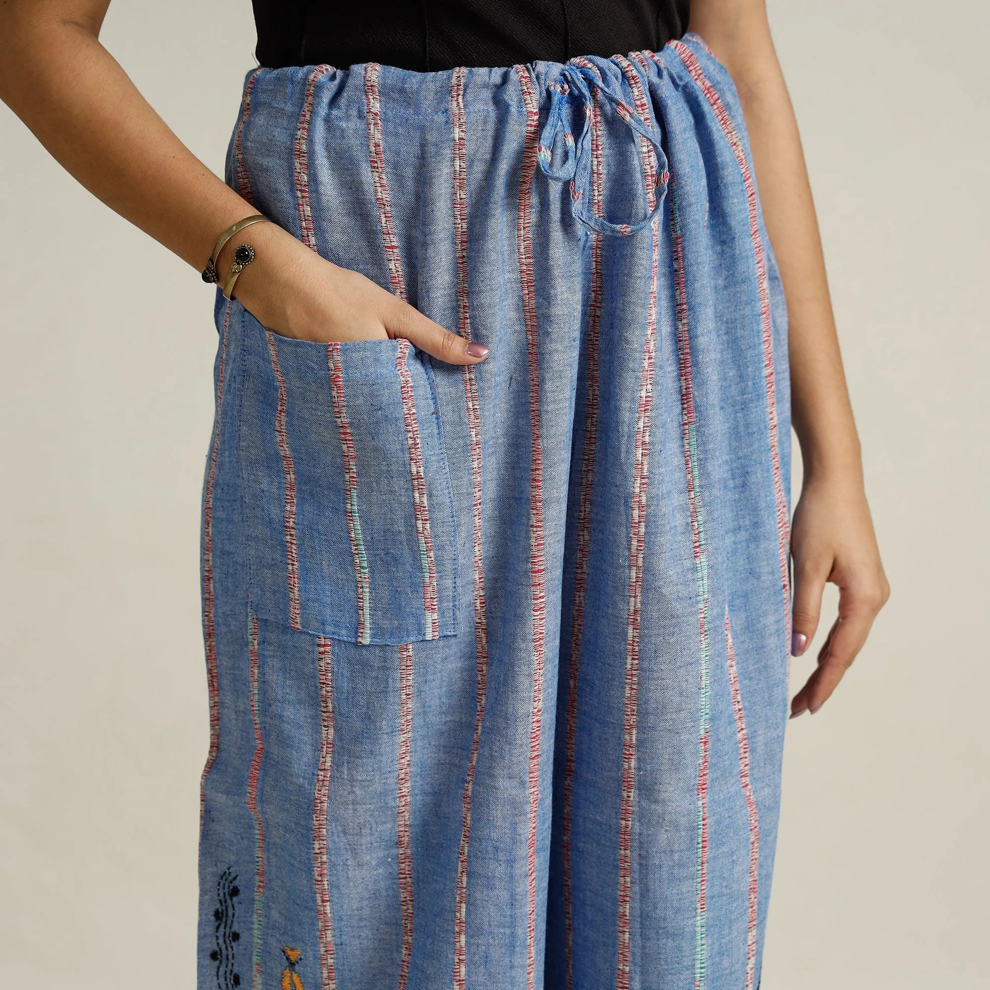 Blue - Bengal Khesh Weaving Kantha Embroidery Cotton Palazzo 48