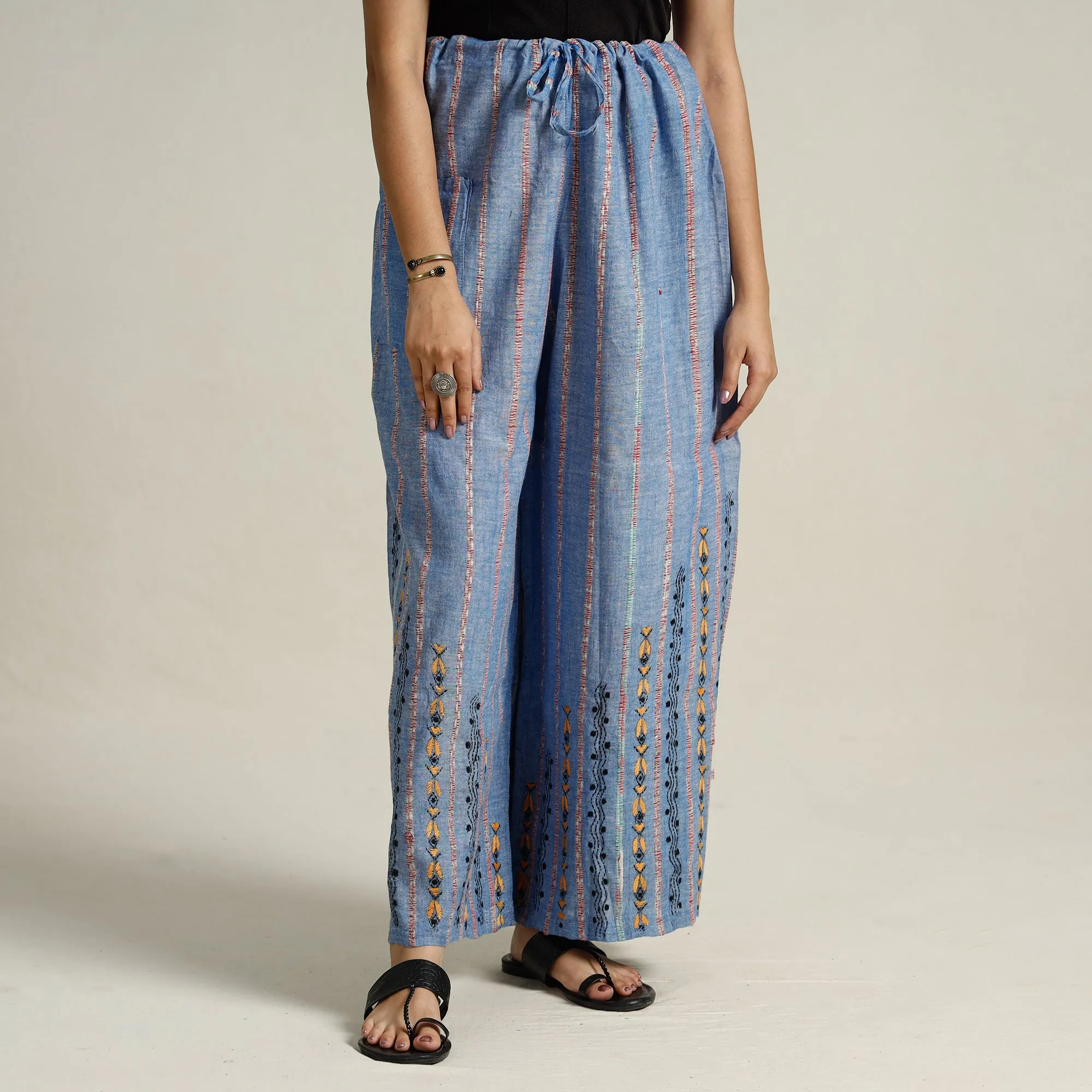 Blue - Bengal Khesh Weaving Kantha Embroidery Cotton Palazzo 48