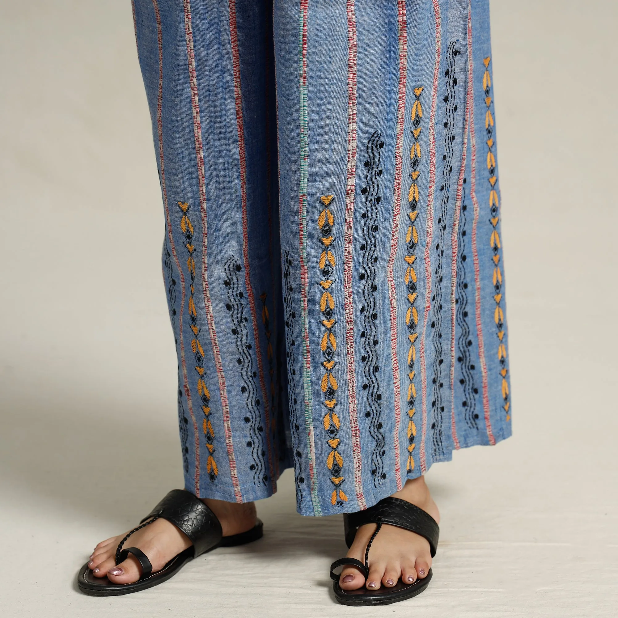 Blue - Bengal Khesh Weaving Kantha Embroidery Cotton Palazzo 48