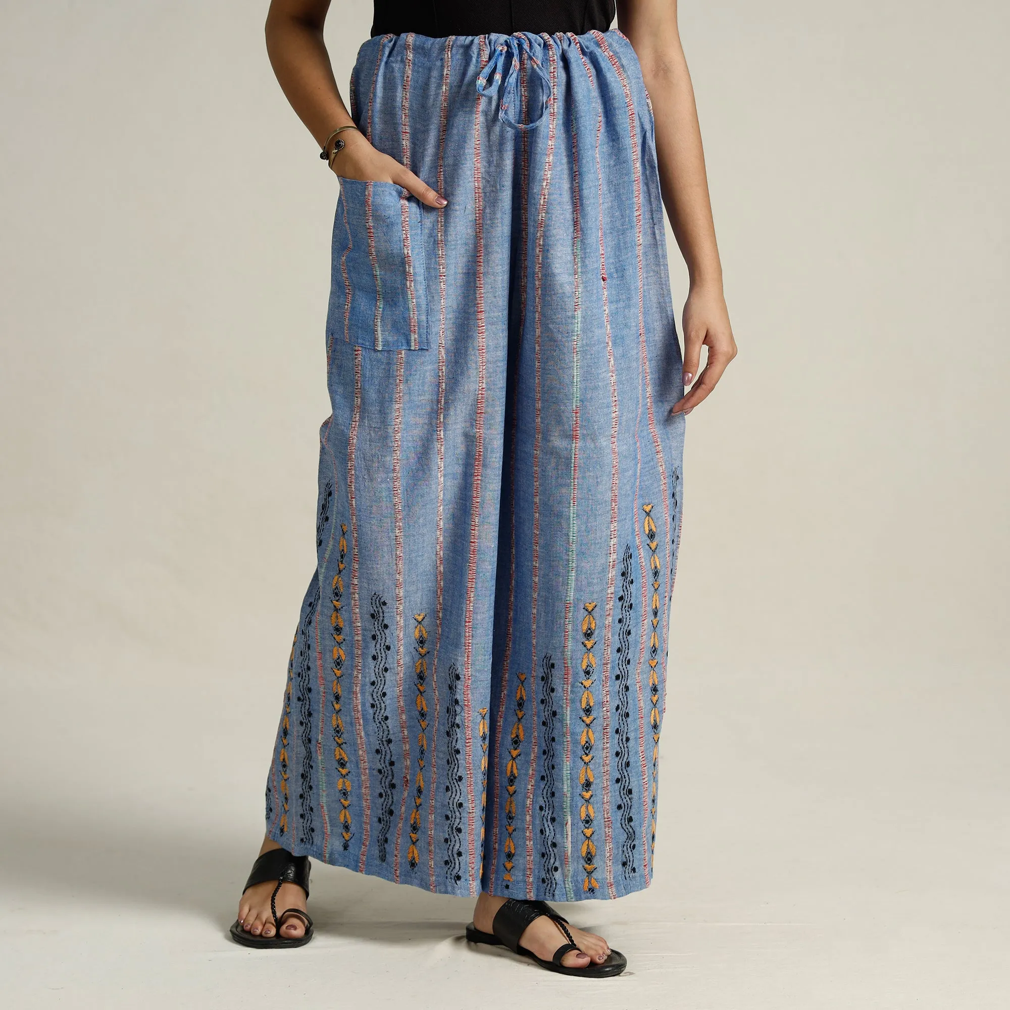 Blue - Bengal Khesh Weaving Kantha Embroidery Cotton Palazzo 48