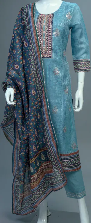 Blue Chanderi Muslin Kurta, Pants and Dupatta set
