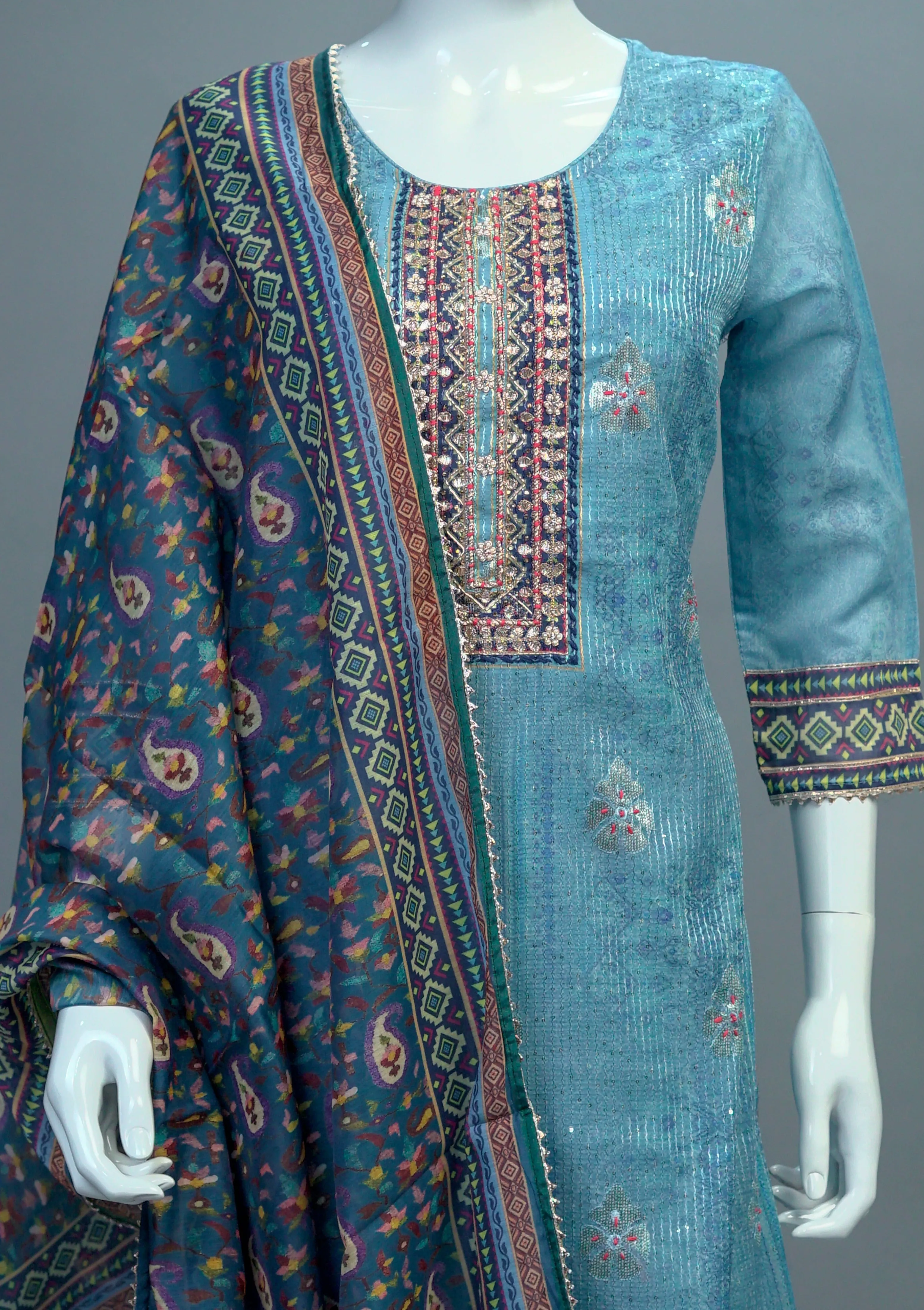 Blue Chanderi Muslin Kurta, Pants and Dupatta set