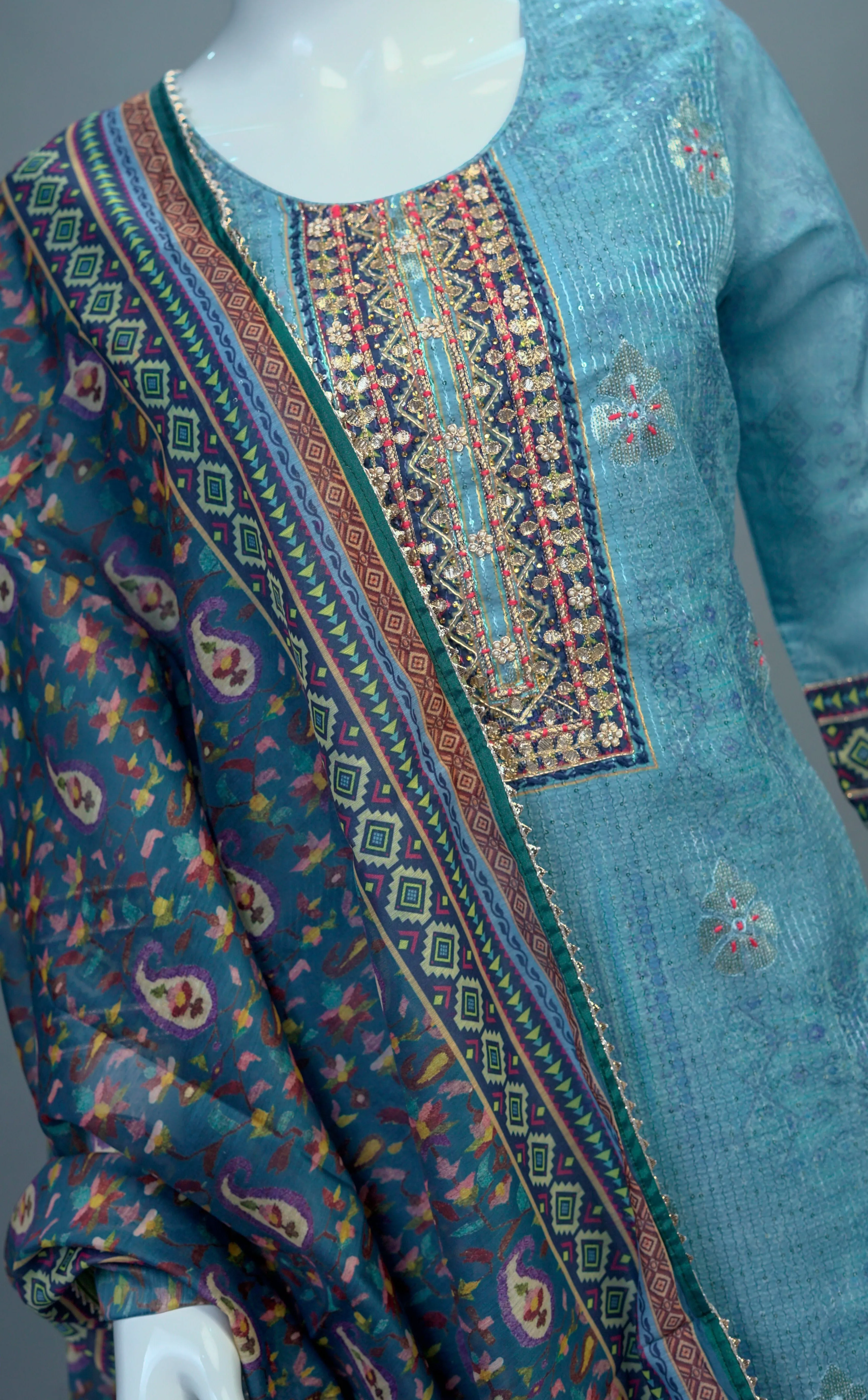 Blue Chanderi Muslin Kurta, Pants and Dupatta set