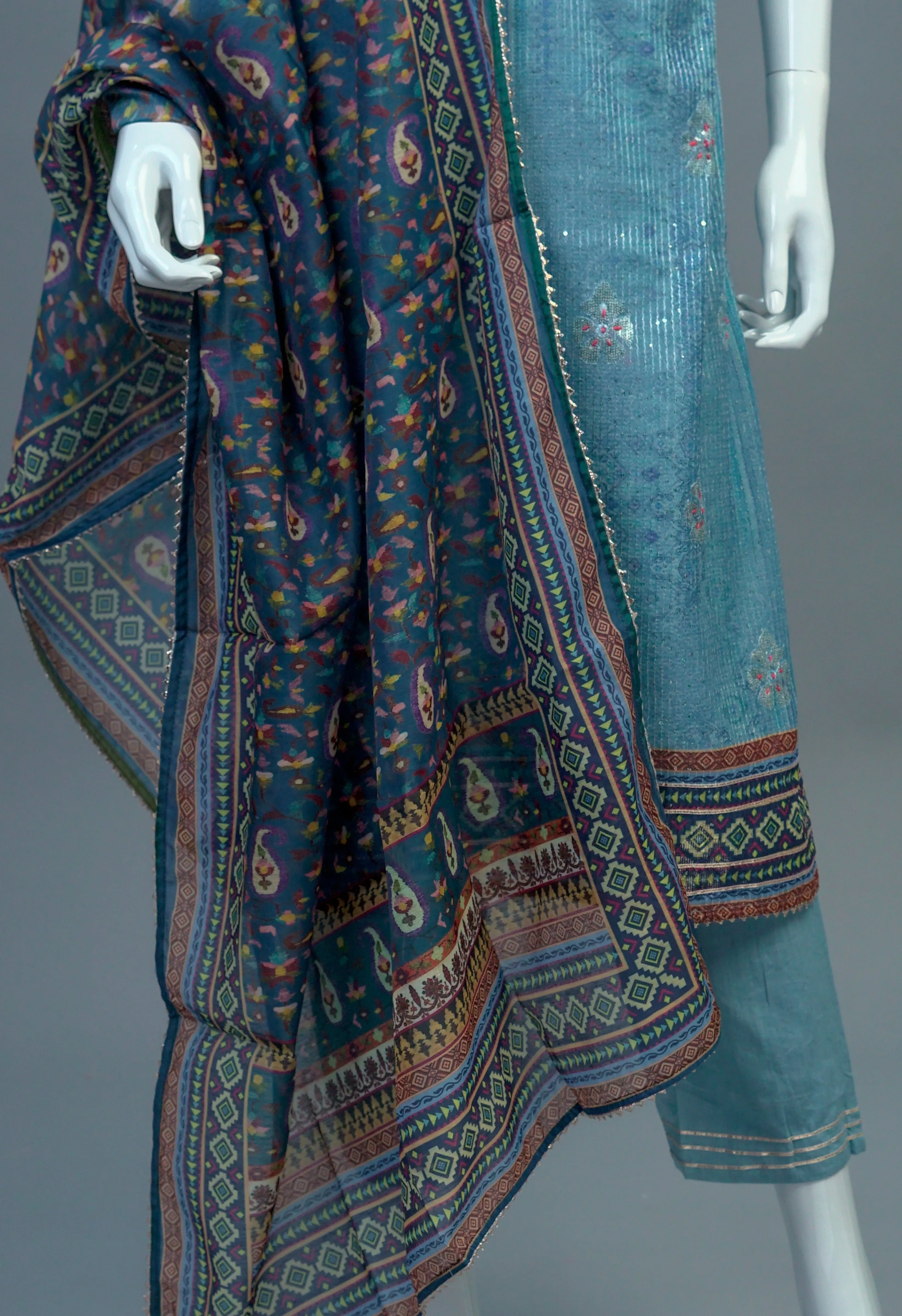 Blue Chanderi Muslin Kurta, Pants and Dupatta set
