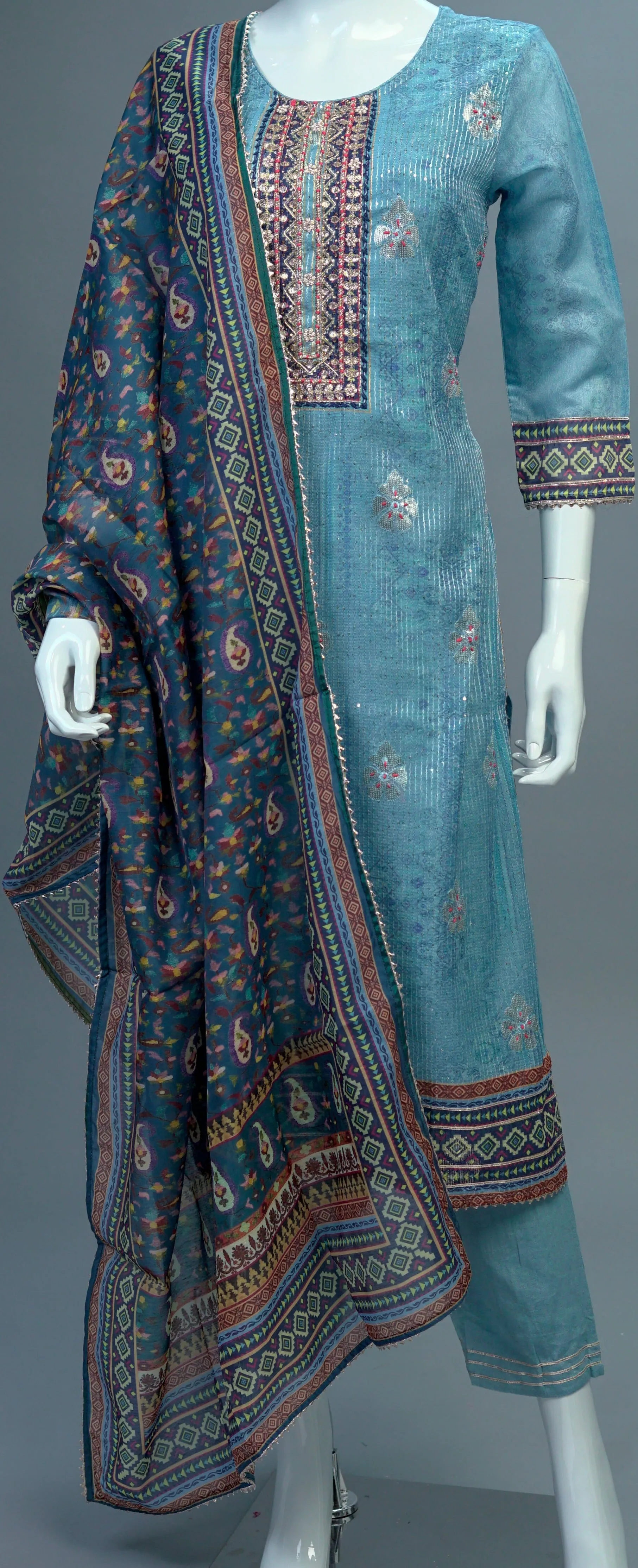 Blue Chanderi Muslin Kurta, Pants and Dupatta set