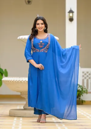 Blue Solid Viscose Kurta Pant With Dupatta Set With Thread & Mirror Work