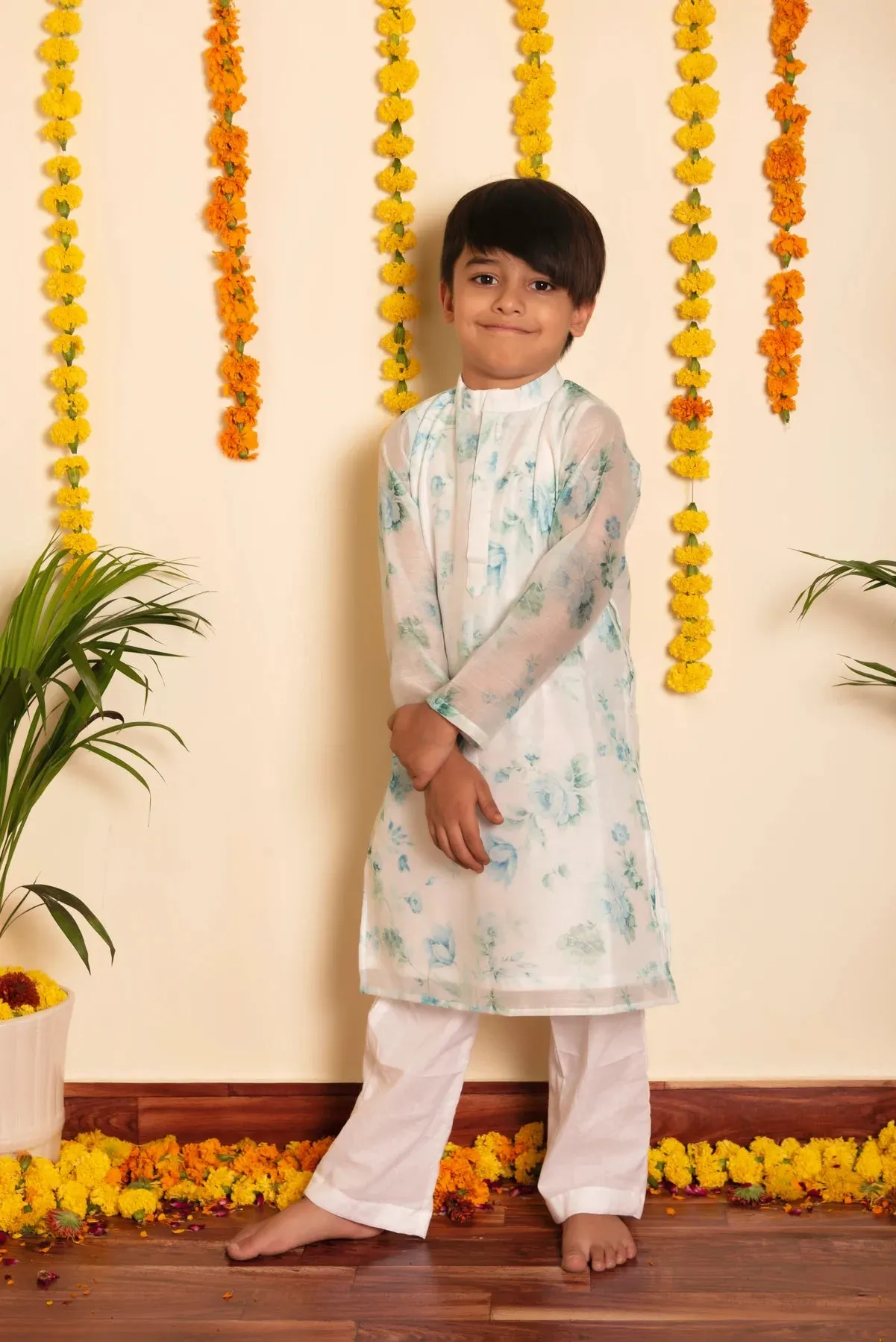 Boys Chanderi Printed Kurta with Solid White Cotton Pants
