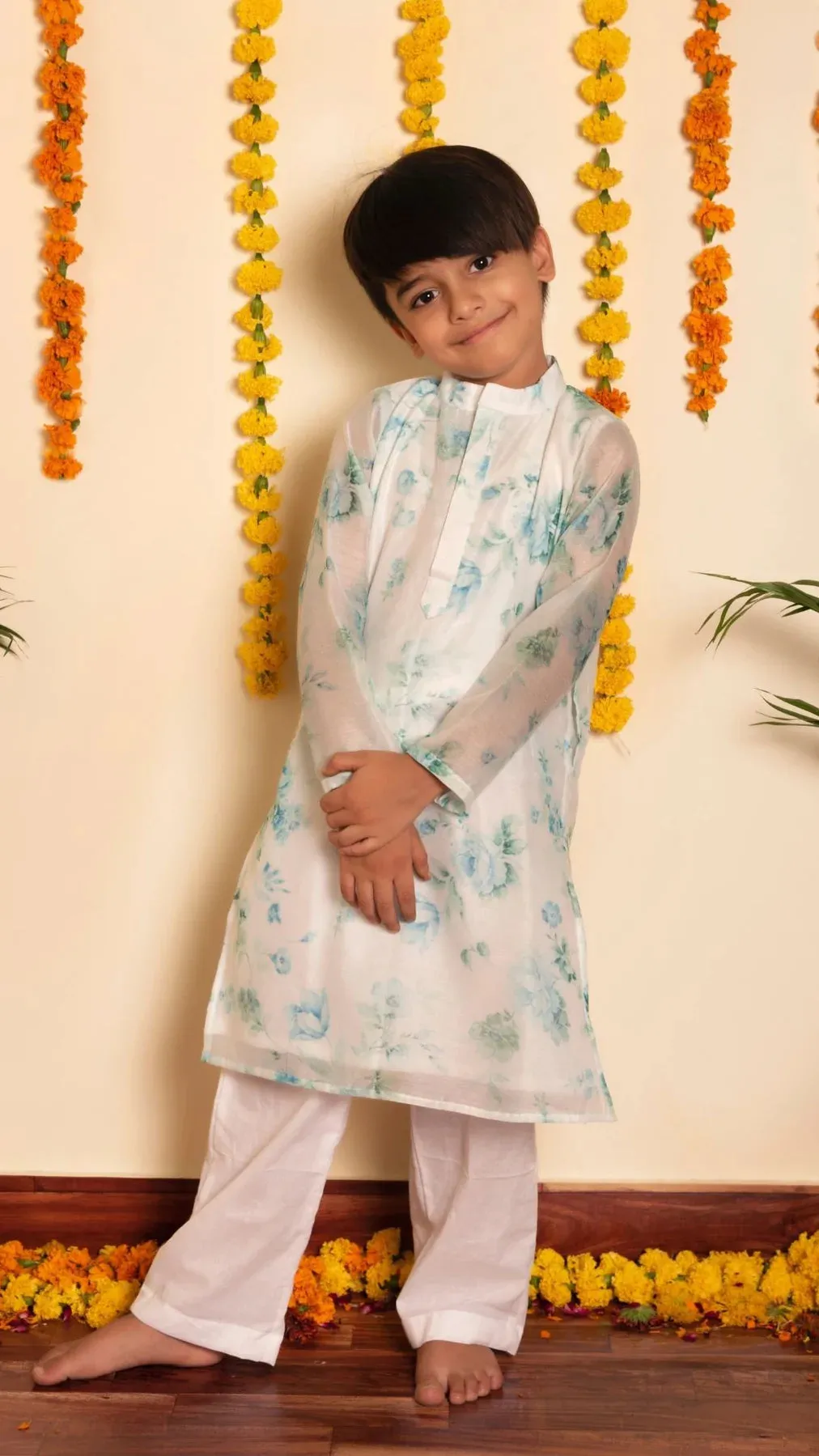 Boys Chanderi Printed Kurta with Solid White Cotton Pants