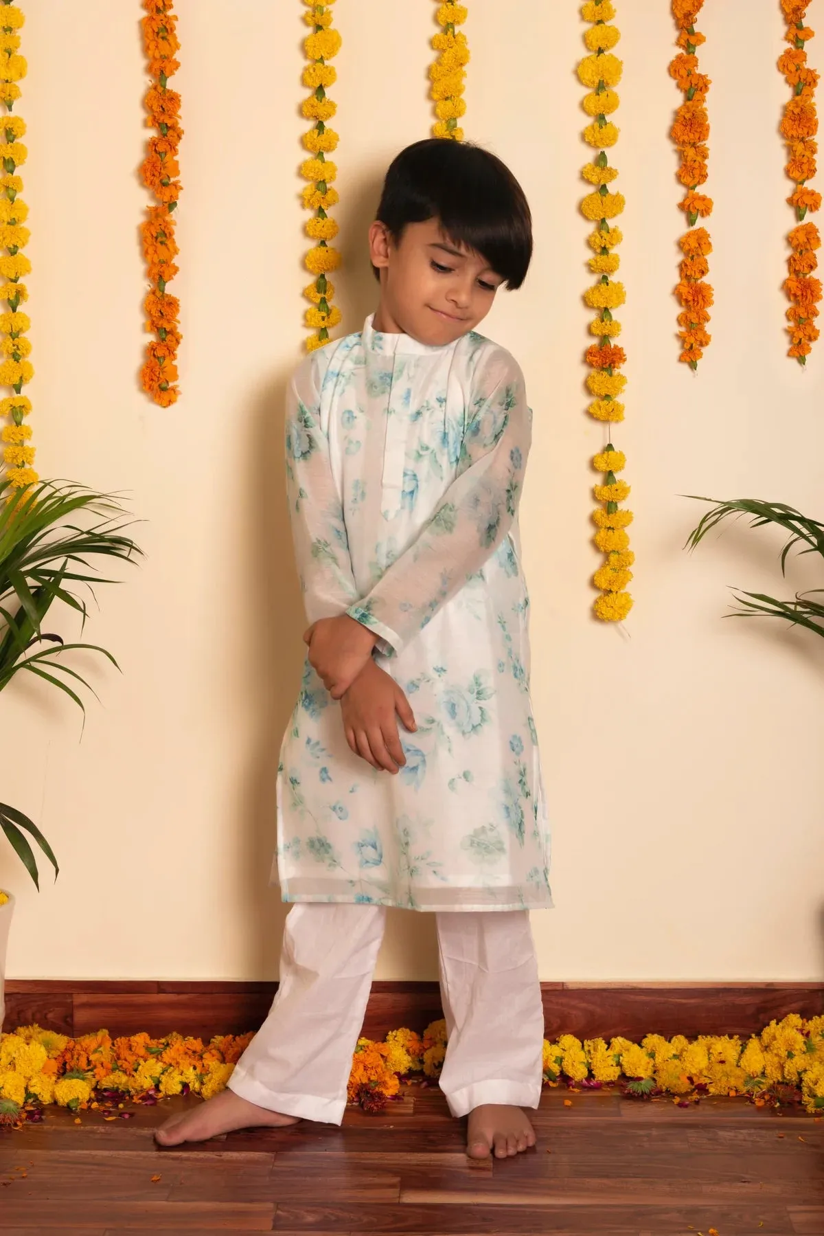 Boys Chanderi Printed Kurta with Solid White Cotton Pants