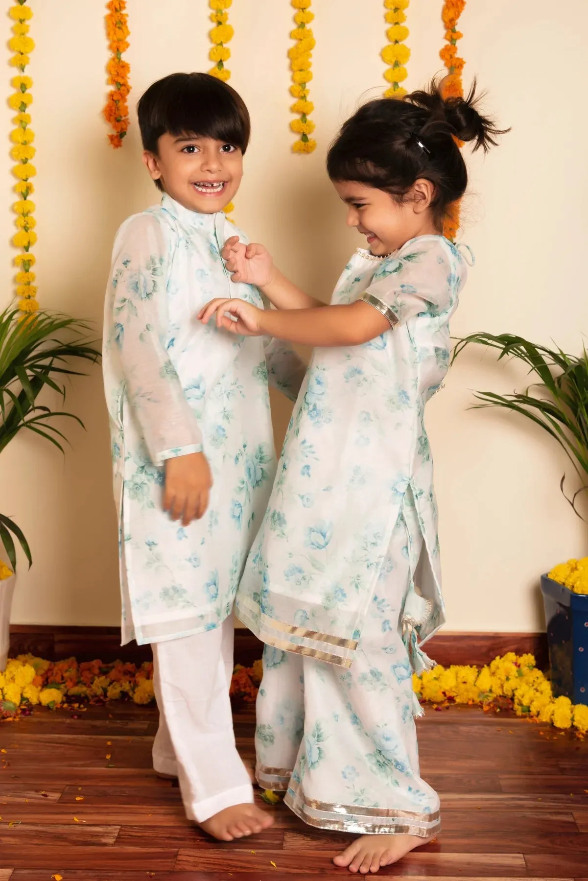 Boys Chanderi Printed Kurta with Solid White Cotton Pants