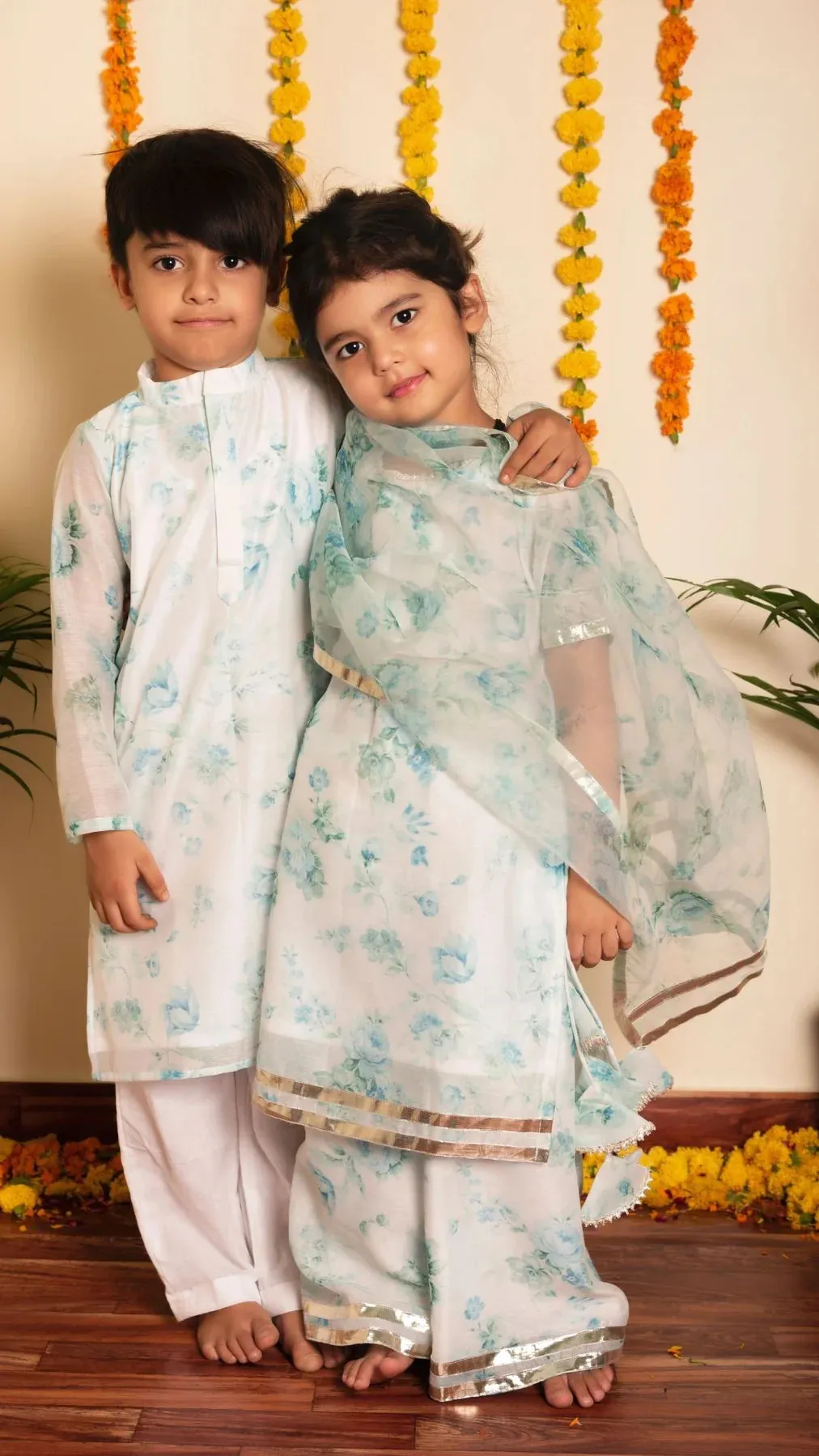 Boys Chanderi Printed Kurta with Solid White Cotton Pants