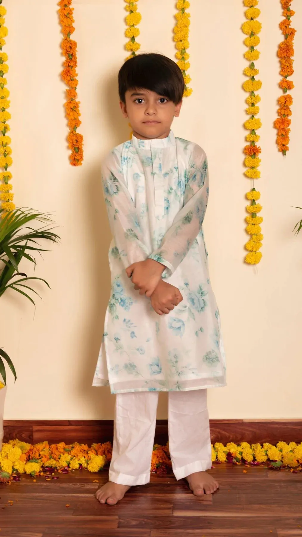 Boys Chanderi Printed Kurta with Solid White Cotton Pants