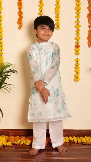 Boys Chanderi Printed Kurta with Solid White Cotton Pants